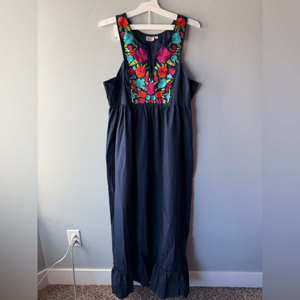 eShakti navy blue floral embroidered 100% cotton maxi dress Women’s sz 14